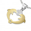 Pendentif acier couple de dauphins avec coeur serti