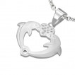 Pendentif acier couple de dauphins avec coeur serti