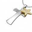 Pendentif acier croix et toile dore pave de pierres