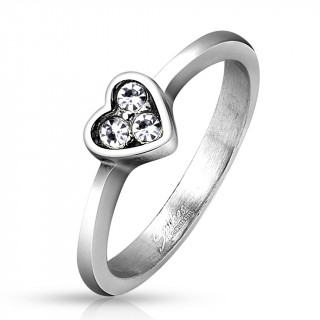 Bague femme en acier  coeur renfermant un trio de strass