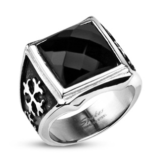 Bague homme acier chevalire  croix et Onyx