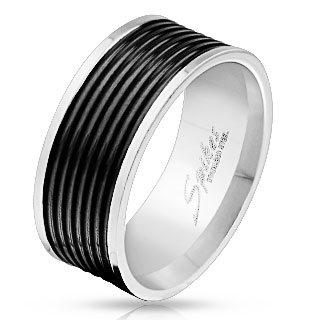 Bague homme en acier  bande de lignes noires