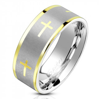 Bague homme en acier bross et poli  croix et lignes dores