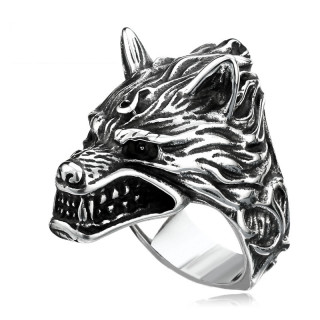 Bague homme en acier  tte de loup froce