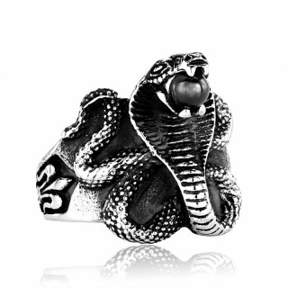 Bague homme gothique  serpent cobra tenant une orbe noire