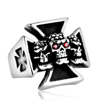 Bague homme gothique en acier  croix de Malte et cranes