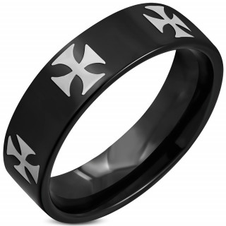 Bague homme noire acier  croix de malte