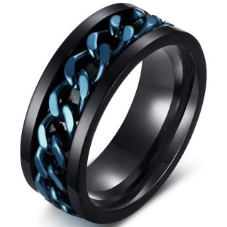 Bague homme noire en acier  chaine bleue