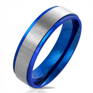 Bague mixte bleue  bandeau bross gris