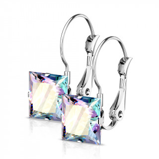 Boucles d'oreilles clips acier  zirconium carr - Aurore Borale