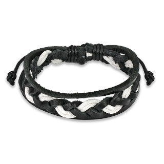 Bracelet en cuir noir et blanc avec torsade au centre et bandes latrales