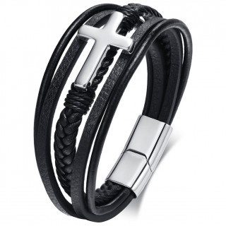 Bracelet homme tresse et lanires en cuir  croix latine argents