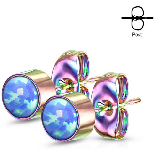 Clous d'oreilles cylindriques arc en ciel  Opales Bleues (paire)