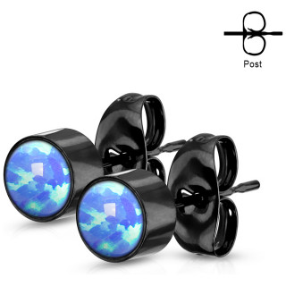 Clous d'oreilles cylindriques noires  Opales Bleues (paire)