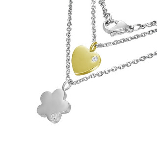 Collier acier chaine et pendentifs fleur et  coeur sertis