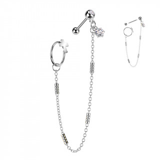 Double piercing oreille anneau croix et barbell serti  chaine