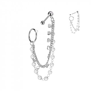 Double piercing oreille  chaine de coeurs et chapelet de perles