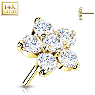 Embout de piercing Fleur d'or jaune 14 carats  zirconiums clairs (pour tige push-in)