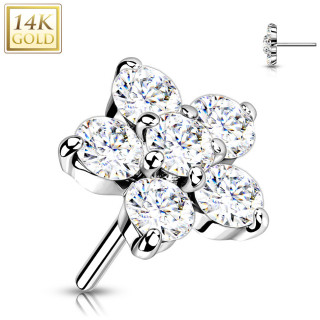 Embout de piercing Fleur d'or blanc 14 carats  zirconiums clairs (pour tige push-in)