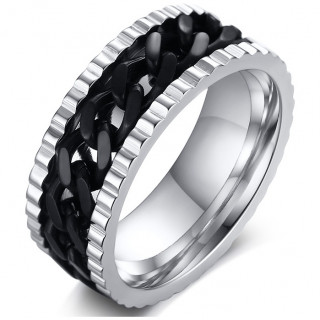 Bague homme crante en acier  chaine noire