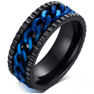 Bague homme crante en acier noir  chaine gourmette bleue