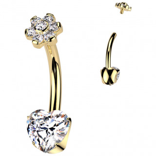 Piercing nombril dor Titane  coeur et fleur de Zirconiums (filetage interne)