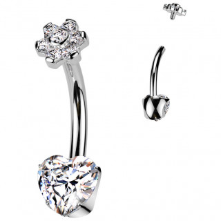 Piercing nombril Titane  coeur et fleur de Zirconiums (filetage interne)