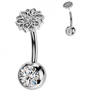 Piercing nombril Titane push-in   fleur de lotus et boule sertie