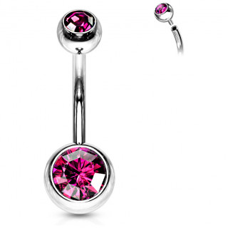 Piercing nombril acier boules serties  filetage interne - Rose Fuchsia