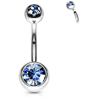 Piercing nombril acier boules serties  filetage interne - Bleu clair