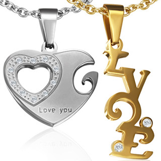 Paire de pendentifs acier coeur et mot "Love"