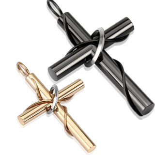 Paire de pendentifs acier croix avec anneau et liane