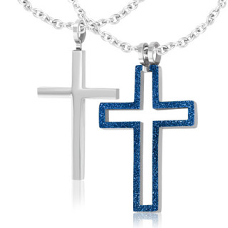 Paire de pendentifs croix argente et croix bleue sable