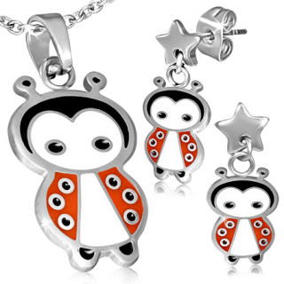 Parure pendentif et boucles d'oreilles  coccinelle