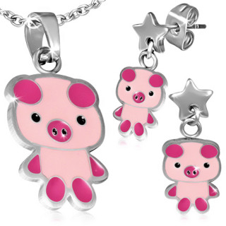 Parure pendentif et boucles d'oreilles  cochon