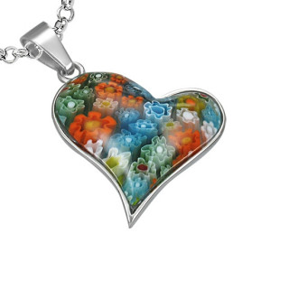 Pendentif acier  coeur fleuri multicolore en verre style murano