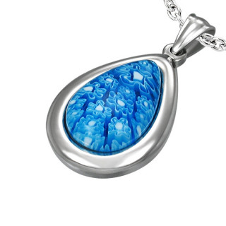 Pendentif acier  goutte fleurie bleue en verre style murano