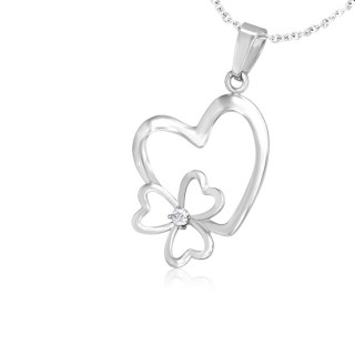 Pendentif acier coeur  trfle serti