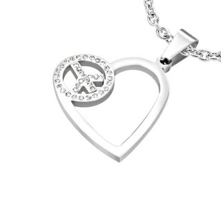 Pendentif acier coeur ajour et signe de Paix serti