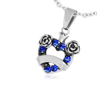 Pendentif acier coeur couronn  roses et pierres bleues