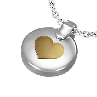 Pendentif acier coeur dor sur plaque ronde