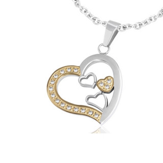 Pendentif acier coeur multiple dor et argent serti