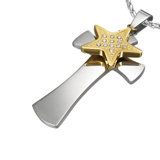 Pendentif acier croix et toile dore pave de pierres