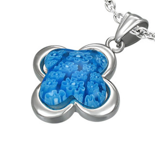 Pendentif acier fleur bleue en verre style murano  motif fleural