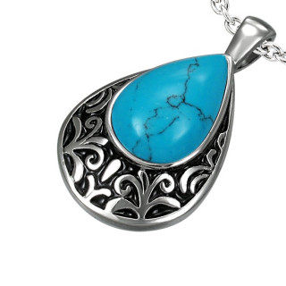 Pendentif acier goutte  fleurs de Lys avec turquoise