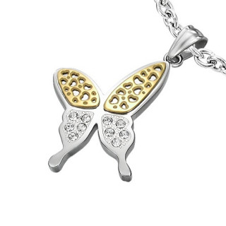 Pendentif acier papillon  ailes serties et ajoures en coeurs