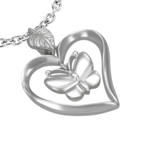 Pendentif acier papillon cercl d'un coeur avec feuille