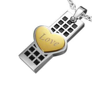 Pendentif acier plaque  damier noir et coeur "love" dor