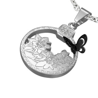 Pendentif acier plaque ronde fleurie avec papillon en relief