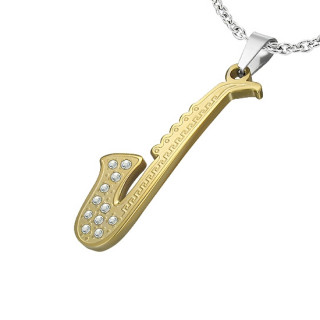 Pendentif acier saxophone pav de pierres